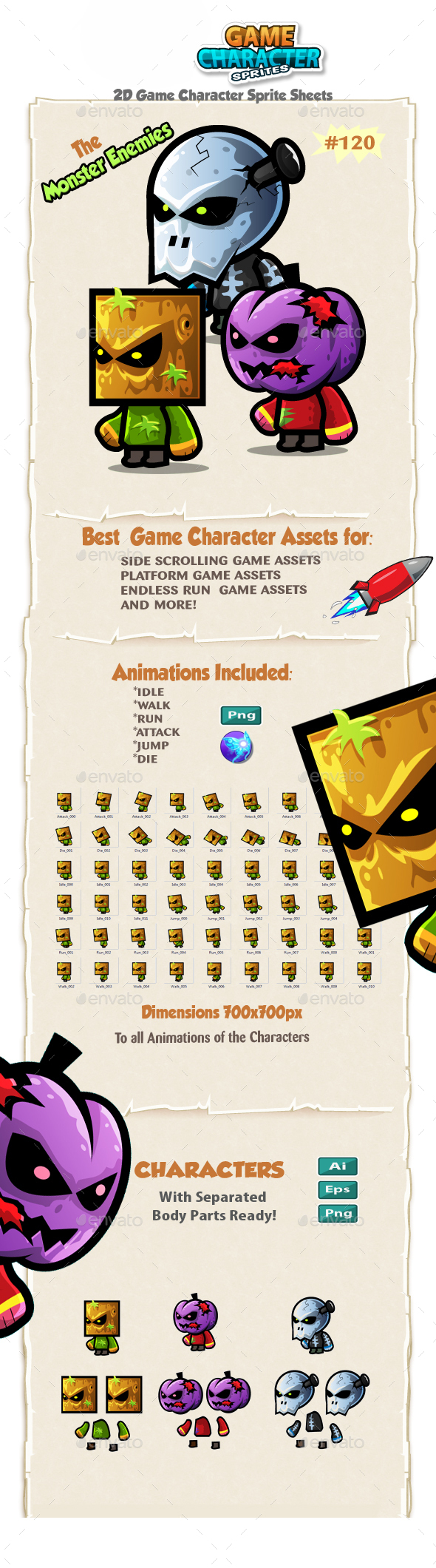 Monster Enemies 2D Game Character Sprites 120