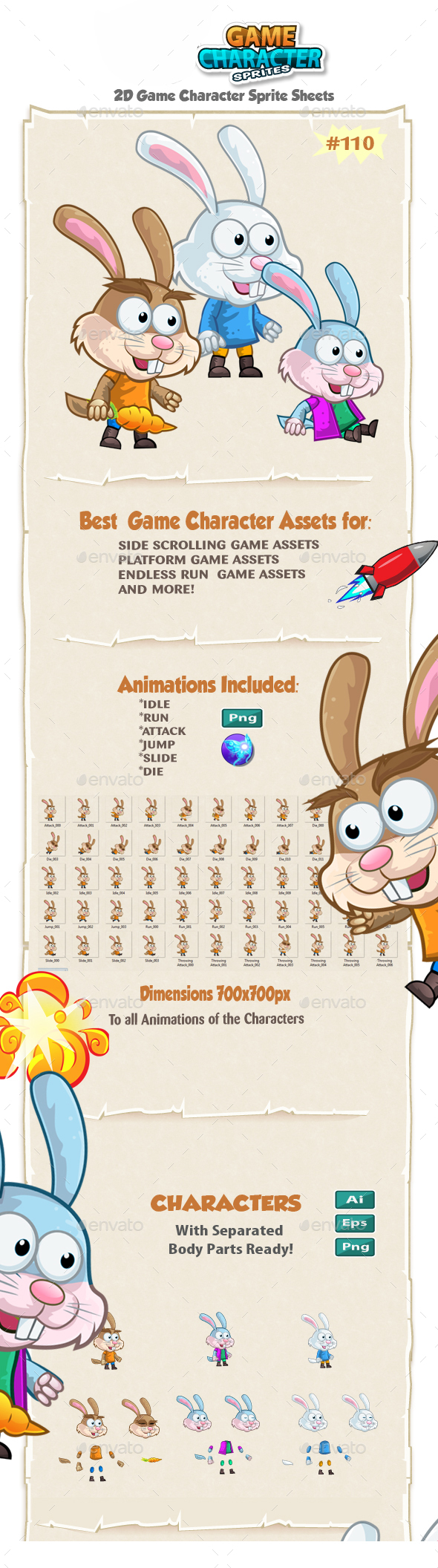 Rabbit 2D Game Character Sprites 110