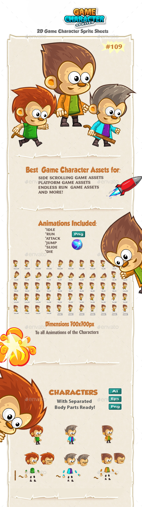 Monkeys 2D Game Character Sprites 109