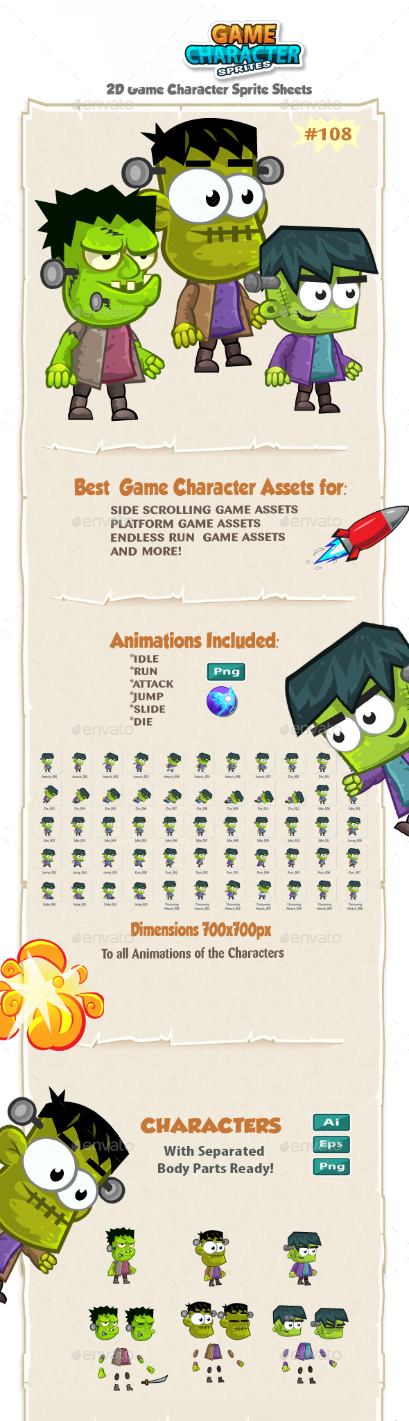 Frankenstein 2D Game Character Sprites 108