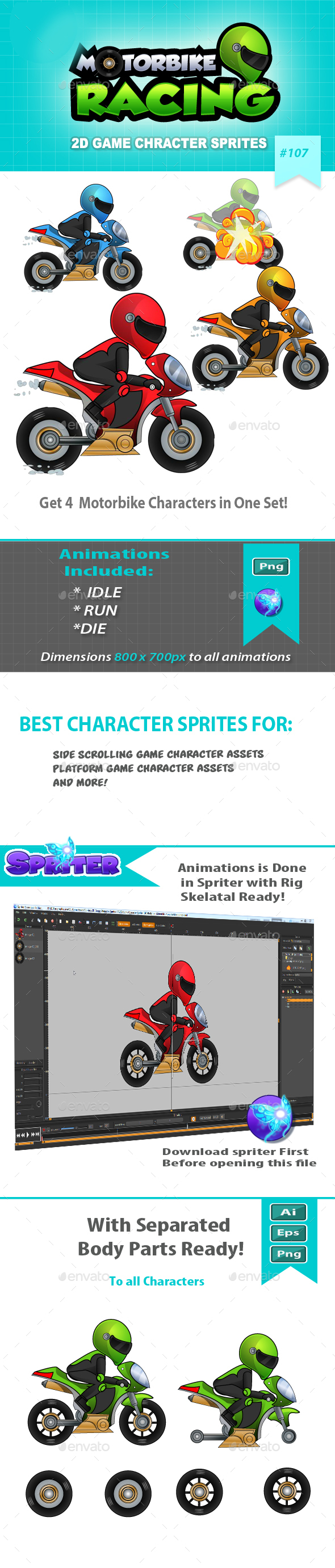 Racing Motorbike 2D Game Character Sprites