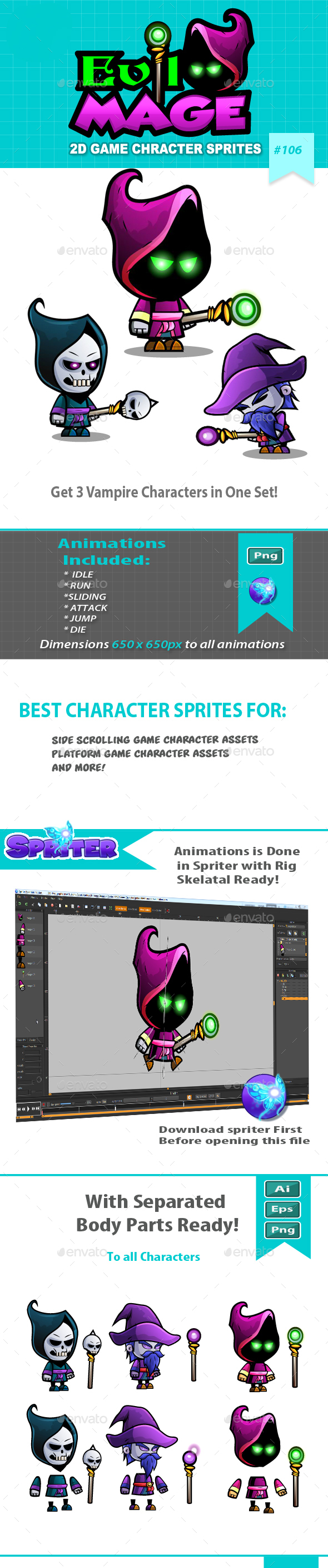 Evil Mage 2D Game Character Sprites