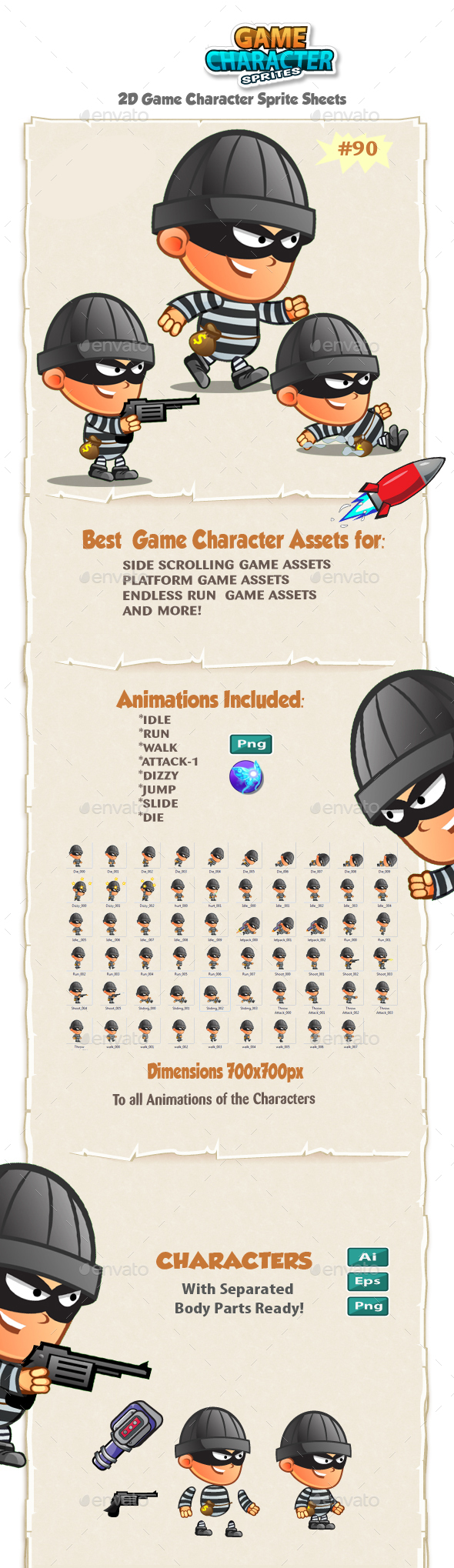 Robber 2D Game Character Sprites 90