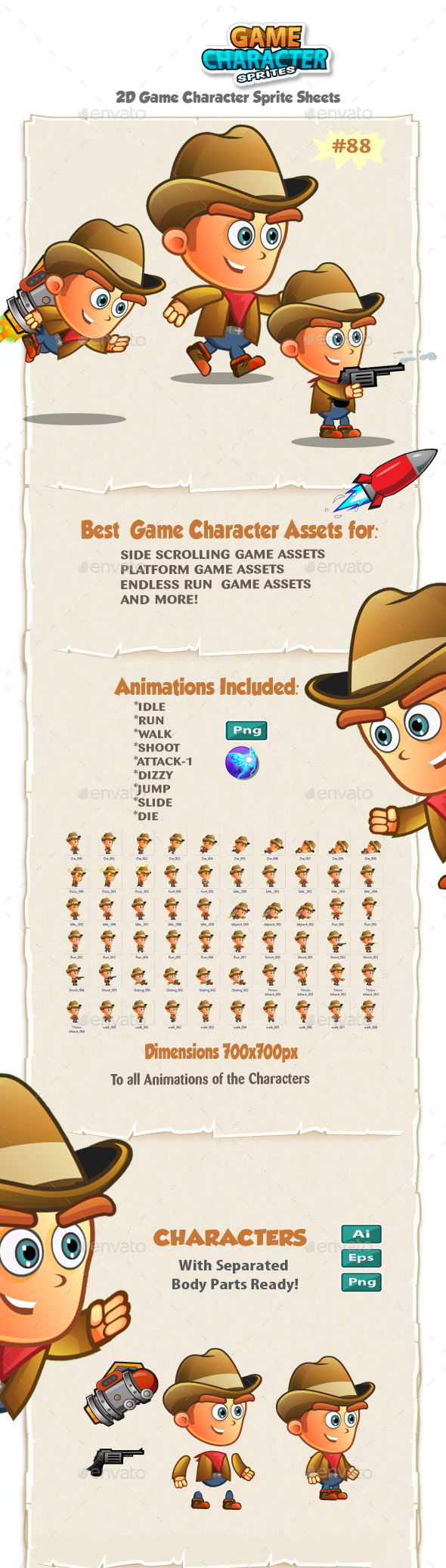 CowBoy 2D Game Character Sprites 88