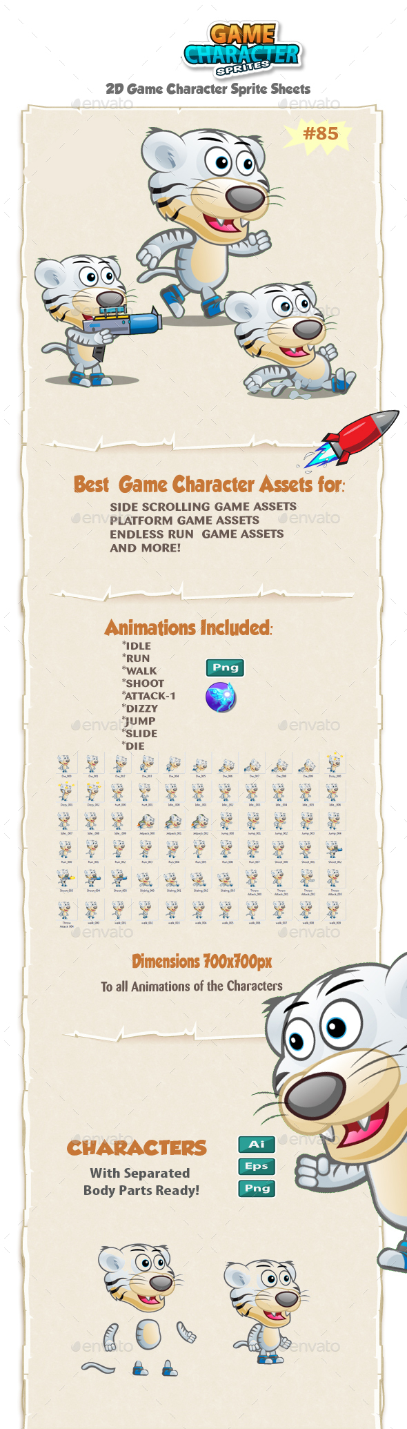 White Tiger 2D Game Character Sprites 85