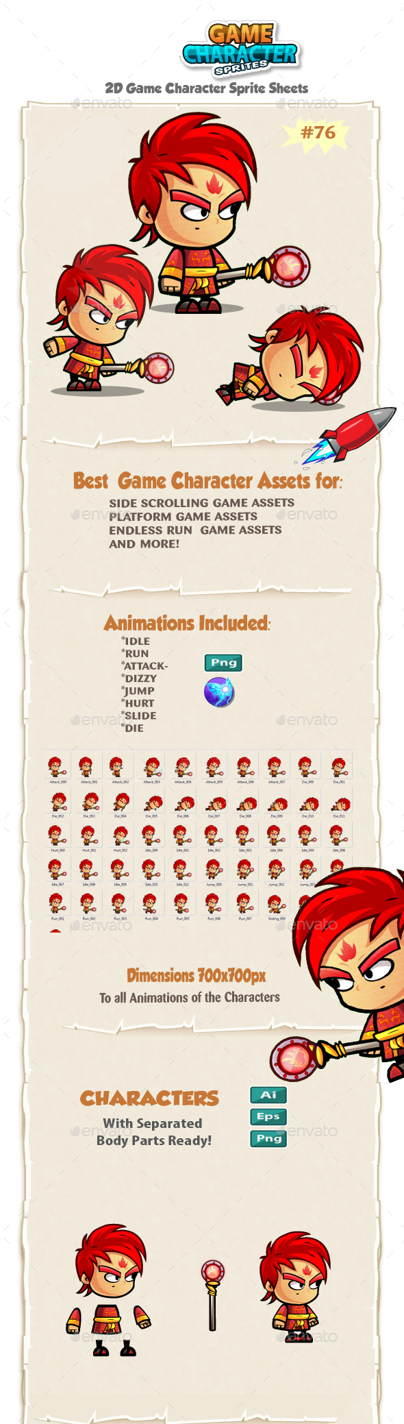 Fire Mage 2D Game Character Sprites 76
