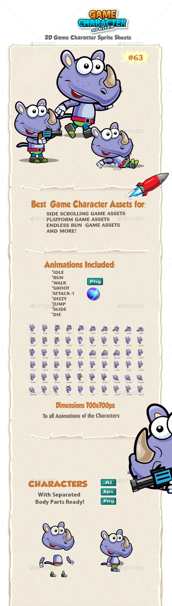 Rhino 2D Game Character Sprites 63