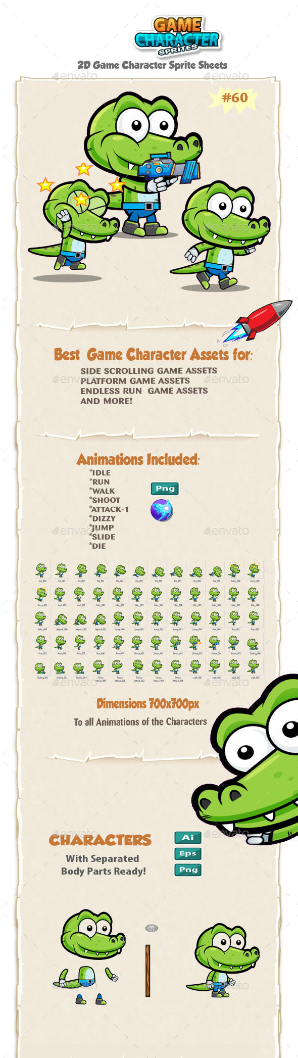 Crocodile 2D Game Character Sprites 60