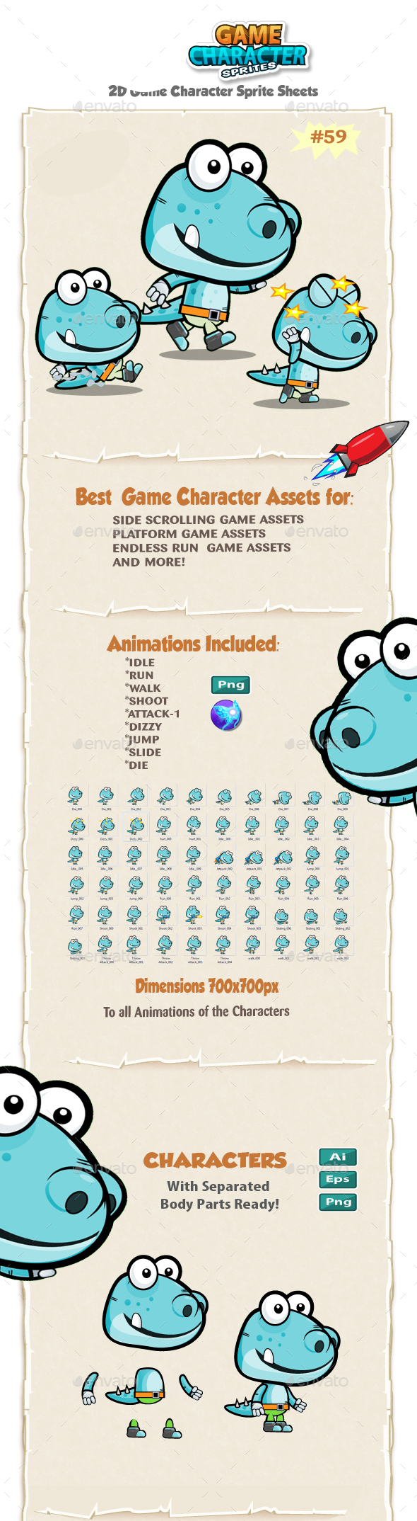 Dinosaur 2D Game Character Sprites 59