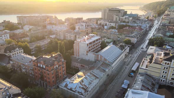 Historical District of Kyiv - Podil in the Morning at Dawn. Ukraine. Aerial View