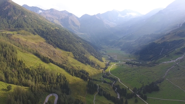 Aerial View of Valley and Alps Mountain in Sunset Light Next To Grossglockner