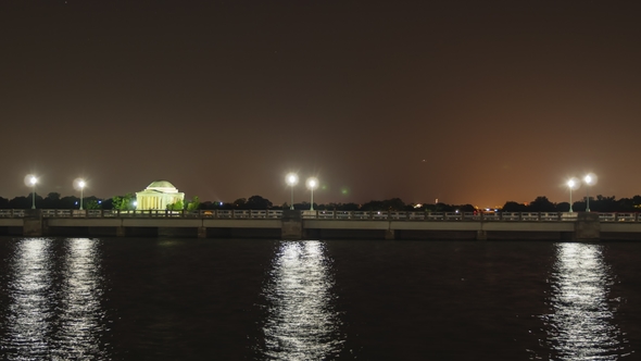 Night Washington, Traffic Across the Bridge, the Famous Jefferson Memorial