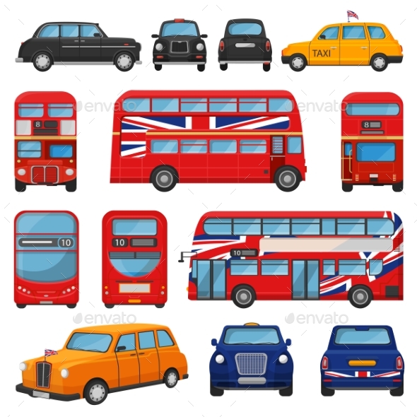 London Car Vector British Cab Taxi and UK Red Bus