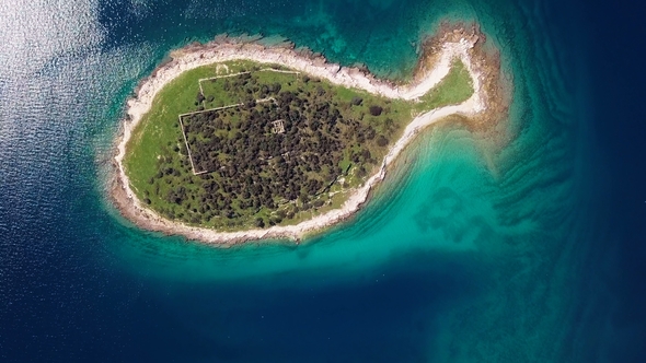 Flight over Fish Shaped Island Gaz in Brijuni Islands, Croatia