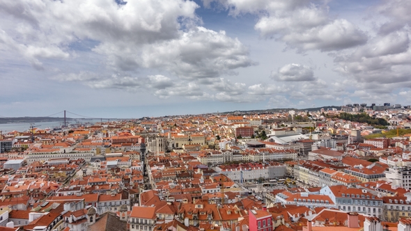 Lisbon Downtown  with Tagus River and Suspension Bridge