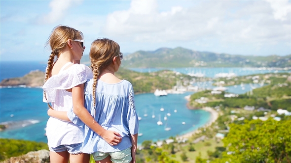 Adorable Little Kids Enjoying the View of Picturesque English Harbour at Antigua