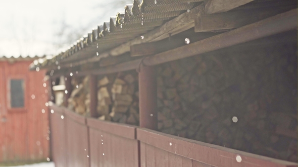 Drops of Melting Snow with Water Flow From the Roof Over the Chopped Wood