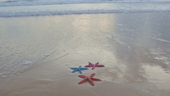 Soft Waves Crashing Colorful Starfish At Karon Beach, Phuket.