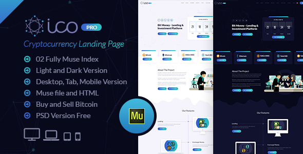 ICO Pro - Bitcoin Cryptocurrency Landing Page Muse Template