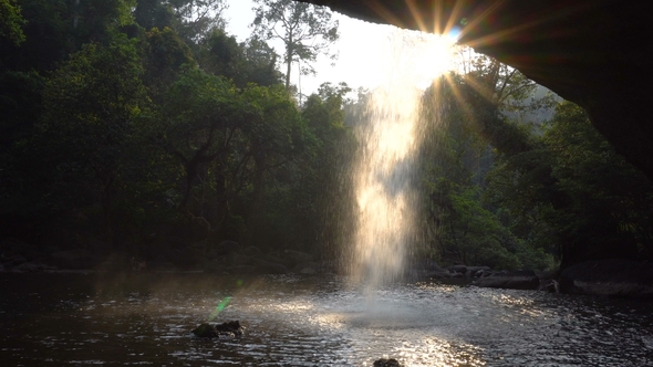 View Form Cafe Under the Picturesque Waterfall in Jungles at Evening Time. Water Is Falls in Pool