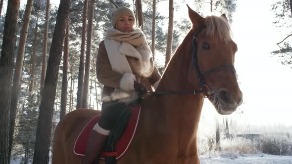 Cheerful Woman Sitting on Horse and Posing for Camera on Winter Day