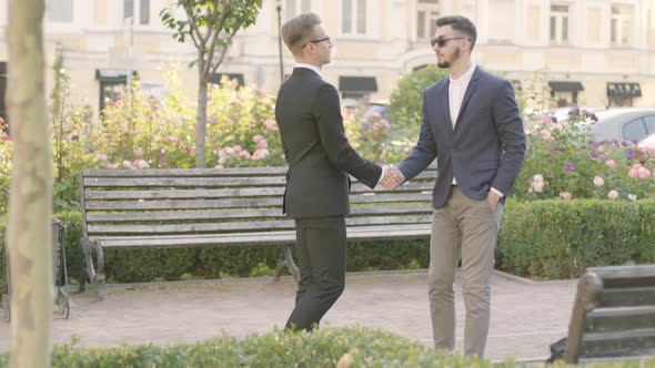 Two Young Partners Meeting in the Park and Shaking Hands