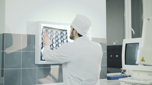 Doctor Observing Brain MRI Diagnostic in Hospital