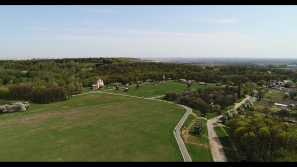 Aerial View Over Traditional Ukrainian Village in Spring, Pirogovo, KIev