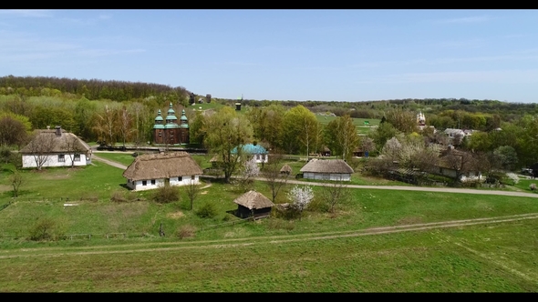 Over Traditional Ukrainian Village in Spring, Pirogovo, KIev