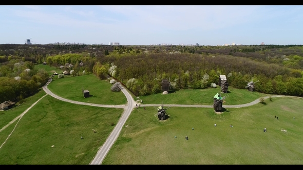 Aerial View Over Traditional Ukrainian Village in Spring, Pirogovo, KIev