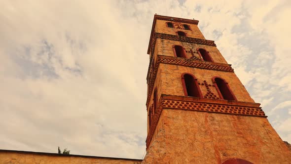 Close up low angle shot of Jesuit Mission church at sunset, San Jose de Chiquitos, Bolivia.