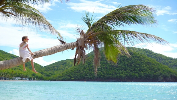 Adorable Little Girl Sitting on Palm Tree During Summer Vacation on White Beach