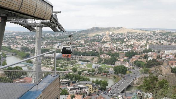 Cableway and View to the Holy Trinity Cathedral of Tbilisi in Georgia