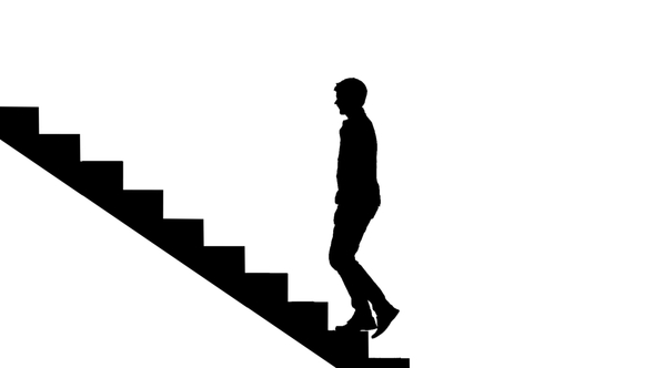 Silhouette Man Walking Stairs on White. Way To Success