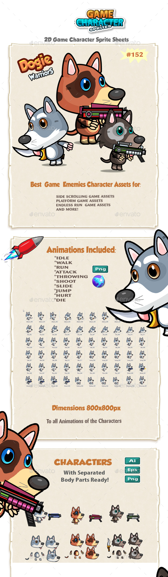 Cute Dogies 2D Game Character Sprites 152