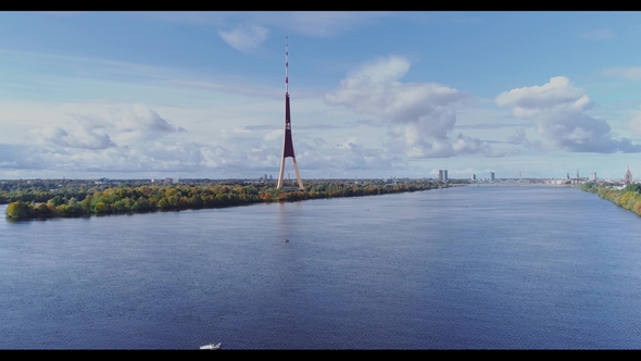 TV Tower Riga City Flight, Zakusala Island, Dugava River Clouds