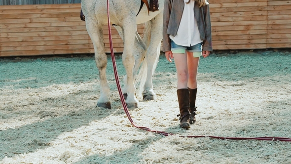 Pretty Little Blonde Walks at the Horse on the Arena. Slowly