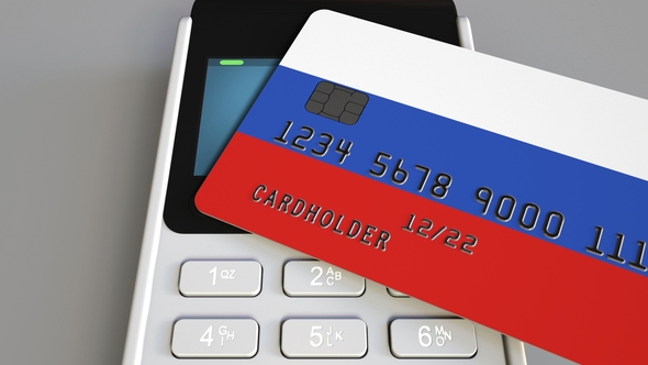 Payment or POS Terminal with Credit Card Featuring Flag of Russia