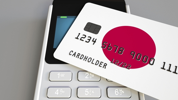 Payment or POS Terminal with Credit Card Featuring Flag of Japan alt