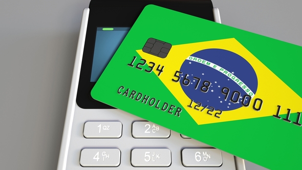 Payment or POS Terminal with Credit Card Featuring Flag of Brazil alt