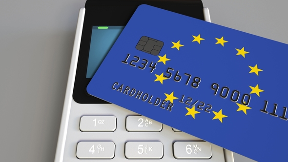 POS Terminal with Credit Card Featuring Flag of the European Union alt