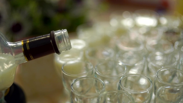 Alcoholic Paradise. The Man's Hand Pours an Alcoholic Beverage. On the Table, a Lot of Dishes