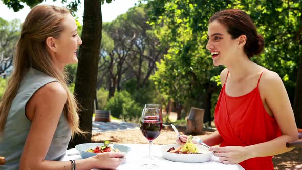 Female friends interacting with each other while having breakfast