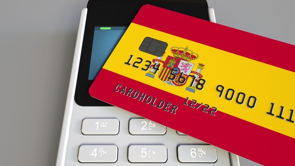 Payment Terminal with Credit Card Featuring Flag of Spain alt