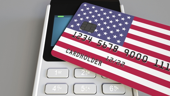 POS Terminal with Credit Card Featuring Flag of the United States alt