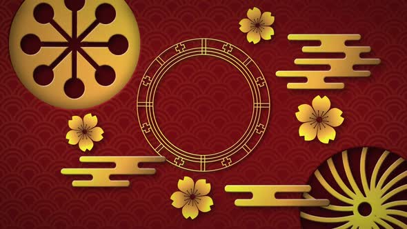 Animation of decorative yellow shapes moving and yellow flowers spinning on red background