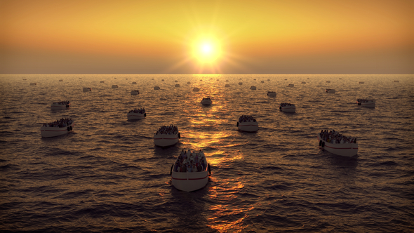 Many Boats with People Swim on Sunset