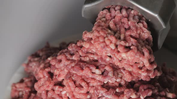 Cutting of Meat of Wild Elk. Dark Raw Meat Processing. Cooking in a Meat Grinder.