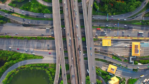 Stunning Aerial view drone shot above freeway traffic