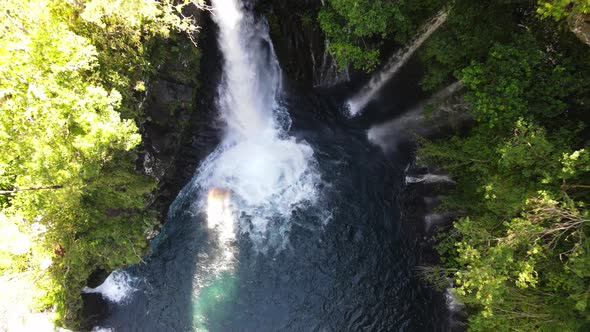 Top-down drone footage of the Trou noir Langevin waterfall at the Reunion island.